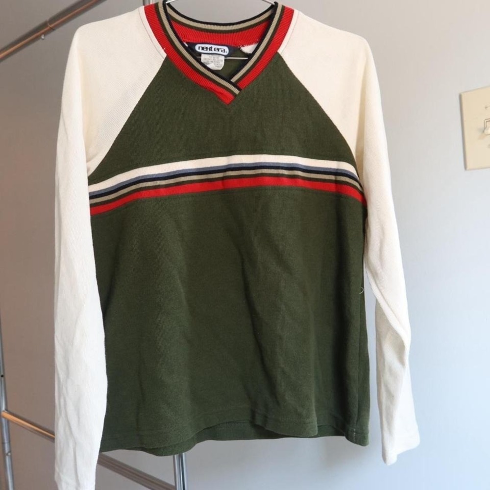 Mens Vintage Green White Long Sleeve 90's Classic Stripped Next Era V-Neck X-Lar